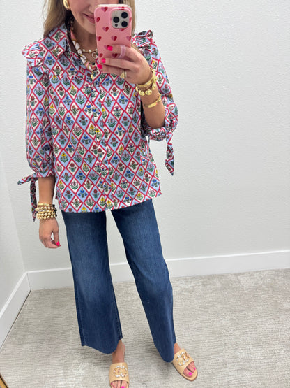 Blue Floral Tie Sleeve Top