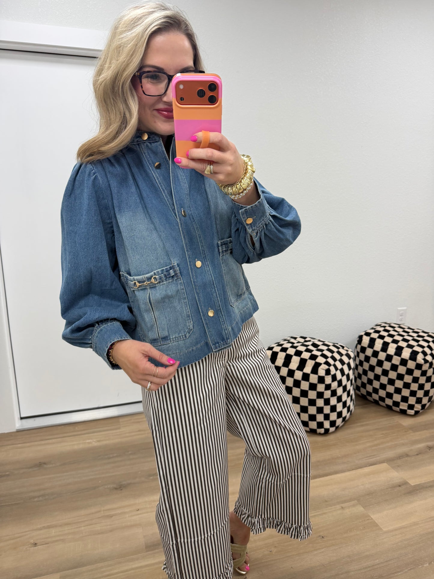 Puff Sleeve Denim Jacket With Horse Bit Accents