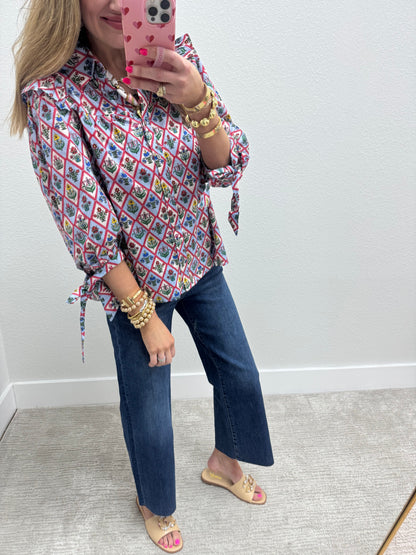 Blue Floral Tie Sleeve Top
