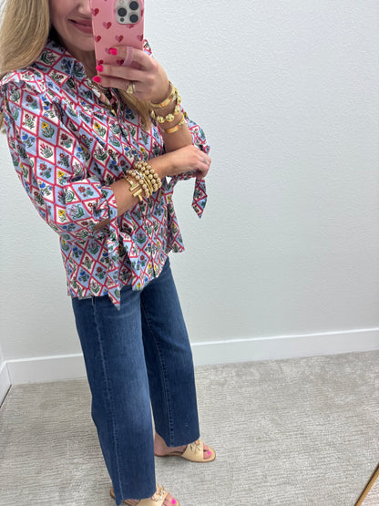 Blue Floral Tie Sleeve Top