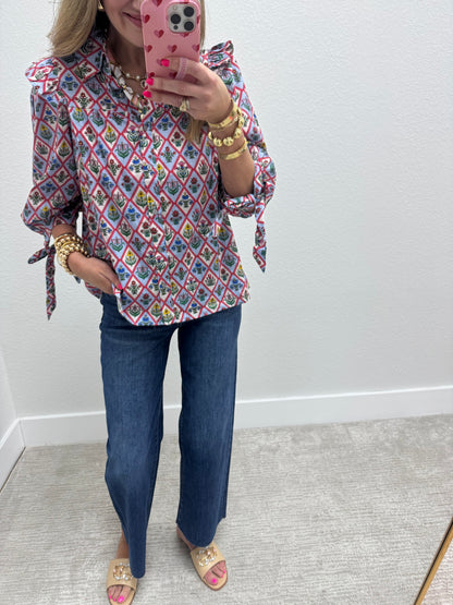 Blue Floral Tie Sleeve Top
