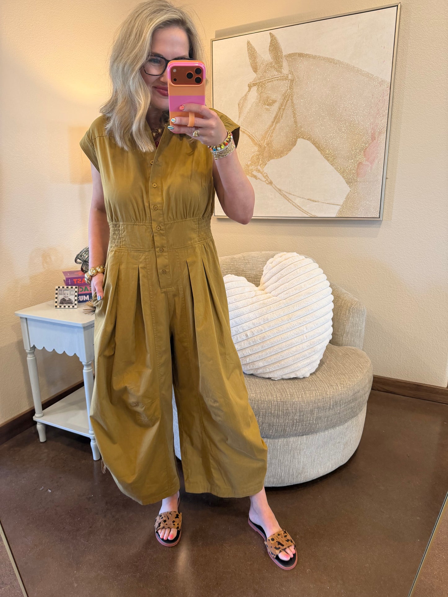 Tan Sleeveless Elastic Waist Cinch Side Jumper