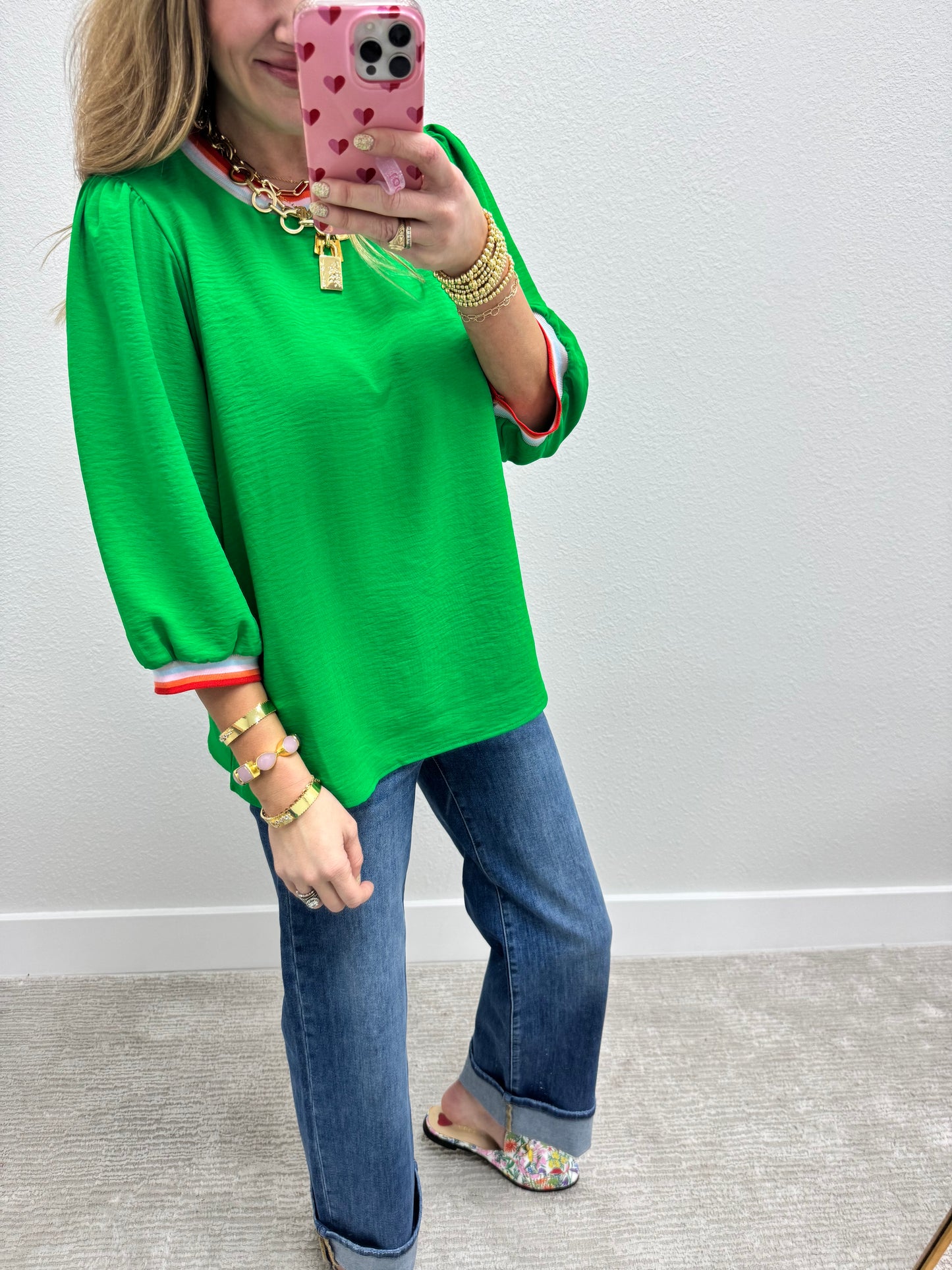 Kelly Green Colored Detail 3/4 Sleeve Top