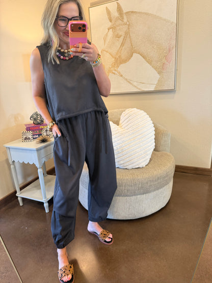 Charcoal Scuba Cinch Tie Top and Pants Set