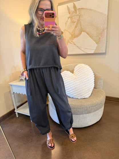 Charcoal Scuba Cinch Tie Top and Pants Set