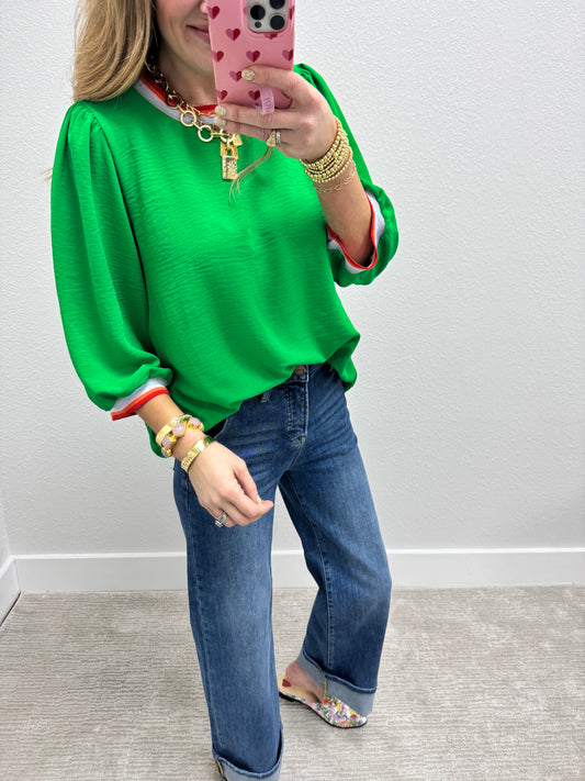 Kelly Green Colored Detail 3/4 Sleeve Top