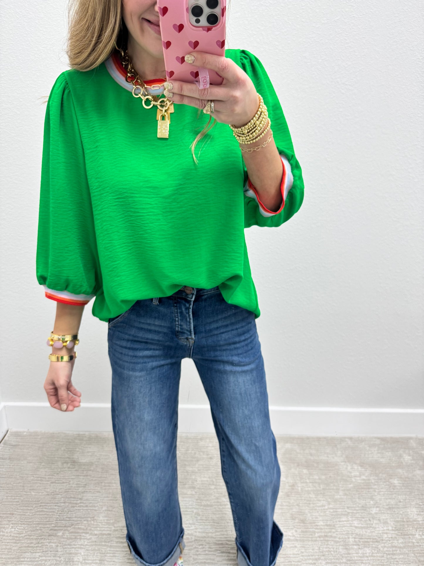 Kelly Green Colored Detail 3/4 Sleeve Top