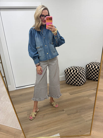 Puff Sleeve Denim Jacket With Horse Bit Accents