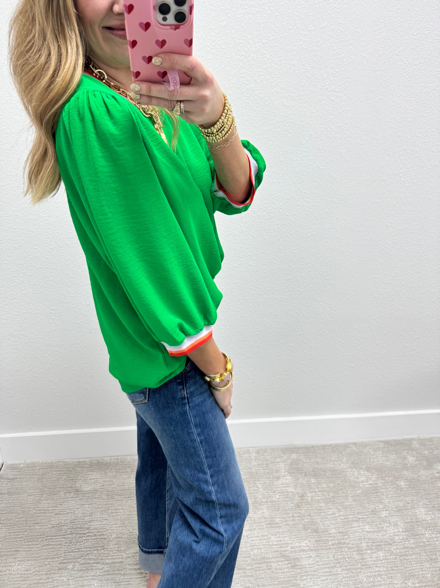 Kelly Green Colored Detail 3/4 Sleeve Top