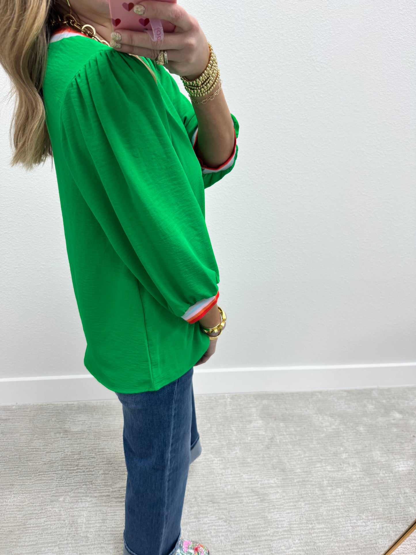 Kelly Green Colored Detail 3/4 Sleeve Top