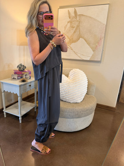Charcoal Scuba Cinch Tie Top and Pants Set
