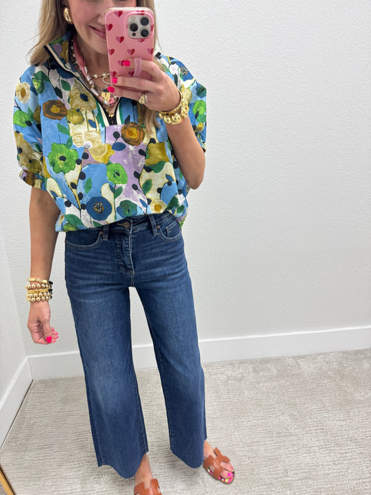 Blue Floral Collard Neck Shirt