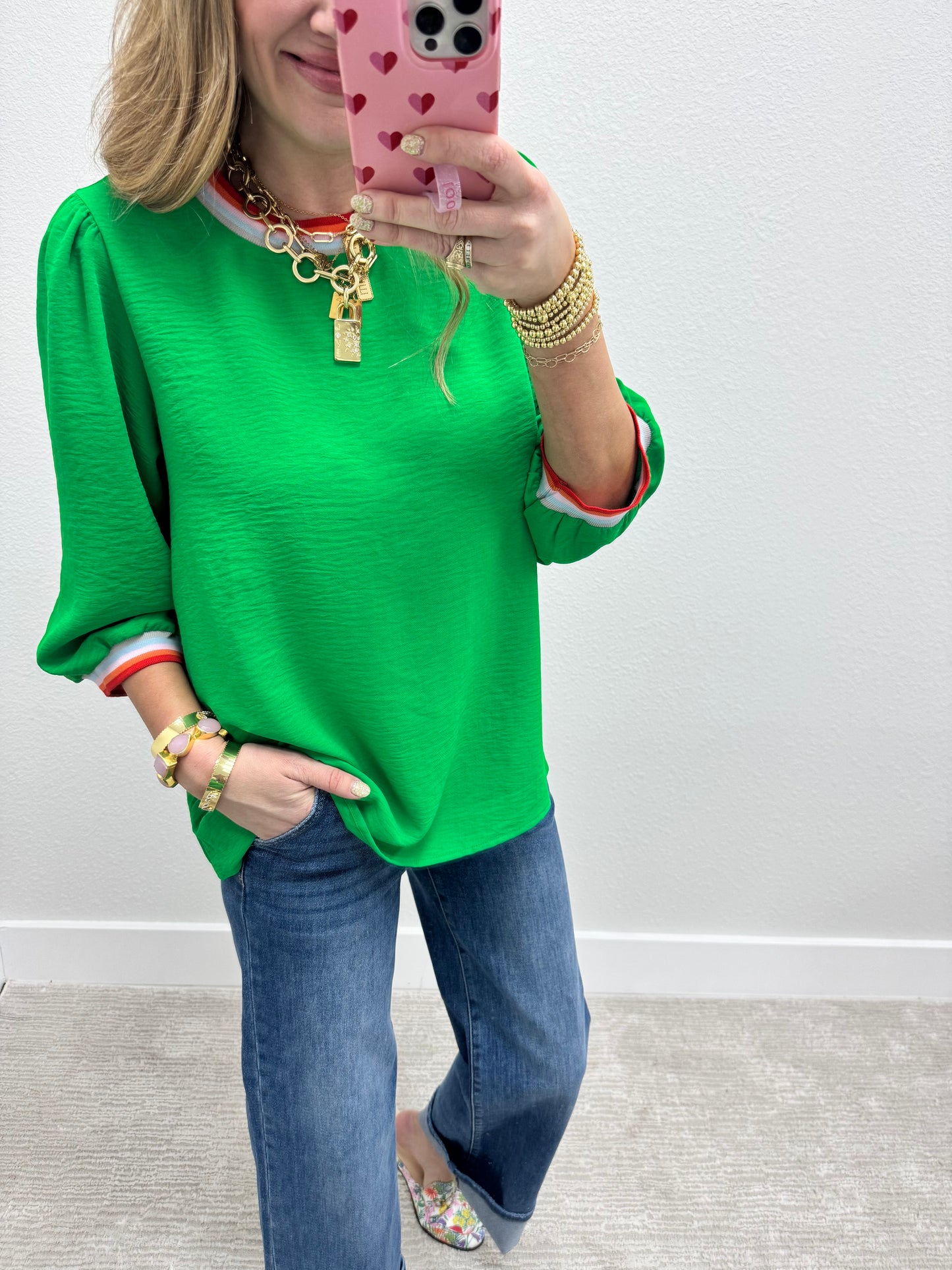 Kelly Green Colored Detail 3/4 Sleeve Top