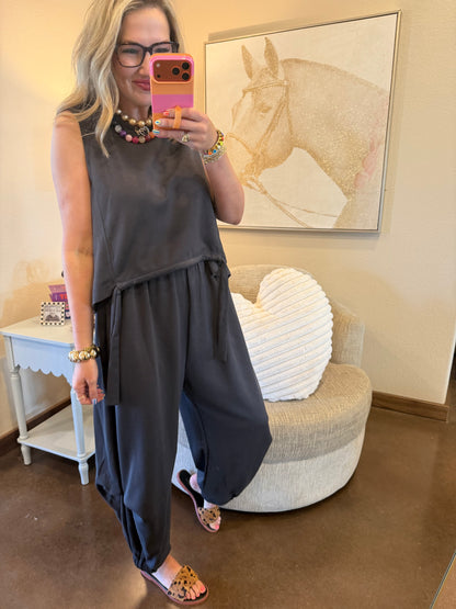 Charcoal Scuba Cinch Tie Top and Pants Set