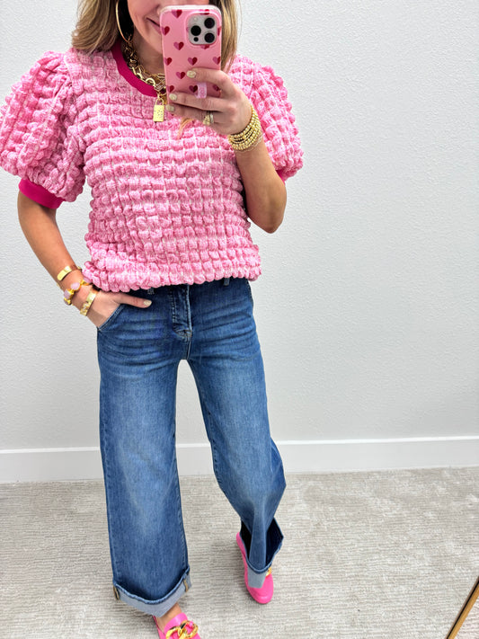 Pink and White Bubble Texture Short Sleeve