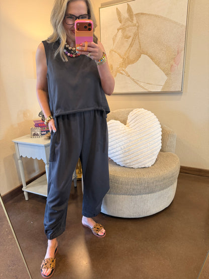 Charcoal Scuba Cinch Tie Top and Pants Set