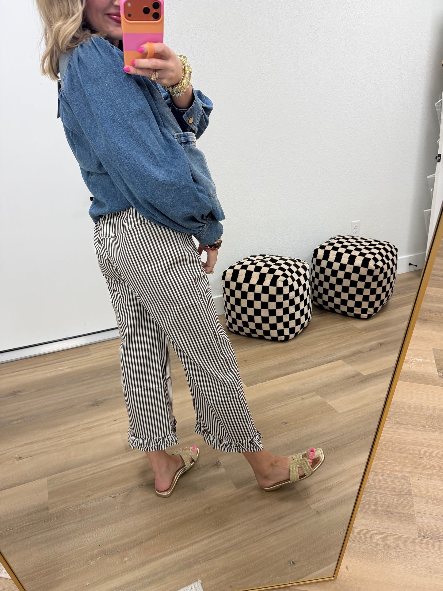 Brown Ruffle Hem Accent Stripe Casual Pants