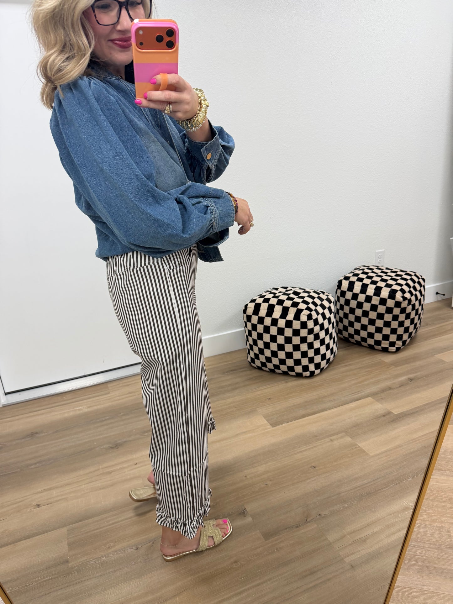 Brown Ruffle Hem Accent Stripe Casual Pants