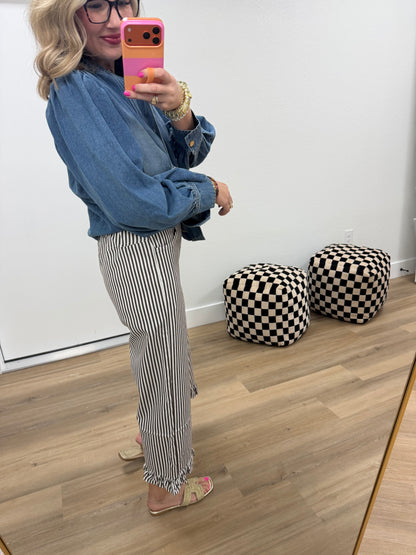 Brown Ruffle Hem Accent Stripe Casual Pants