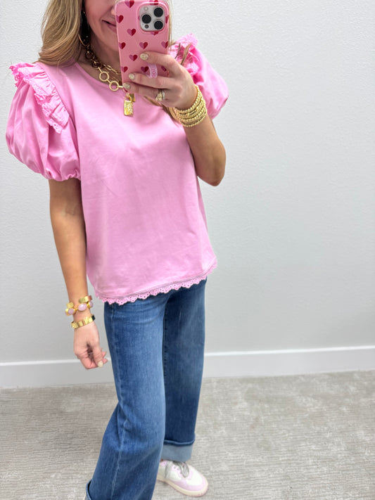 Light Pink Eyelet Ruffle Puff Sleeve Top