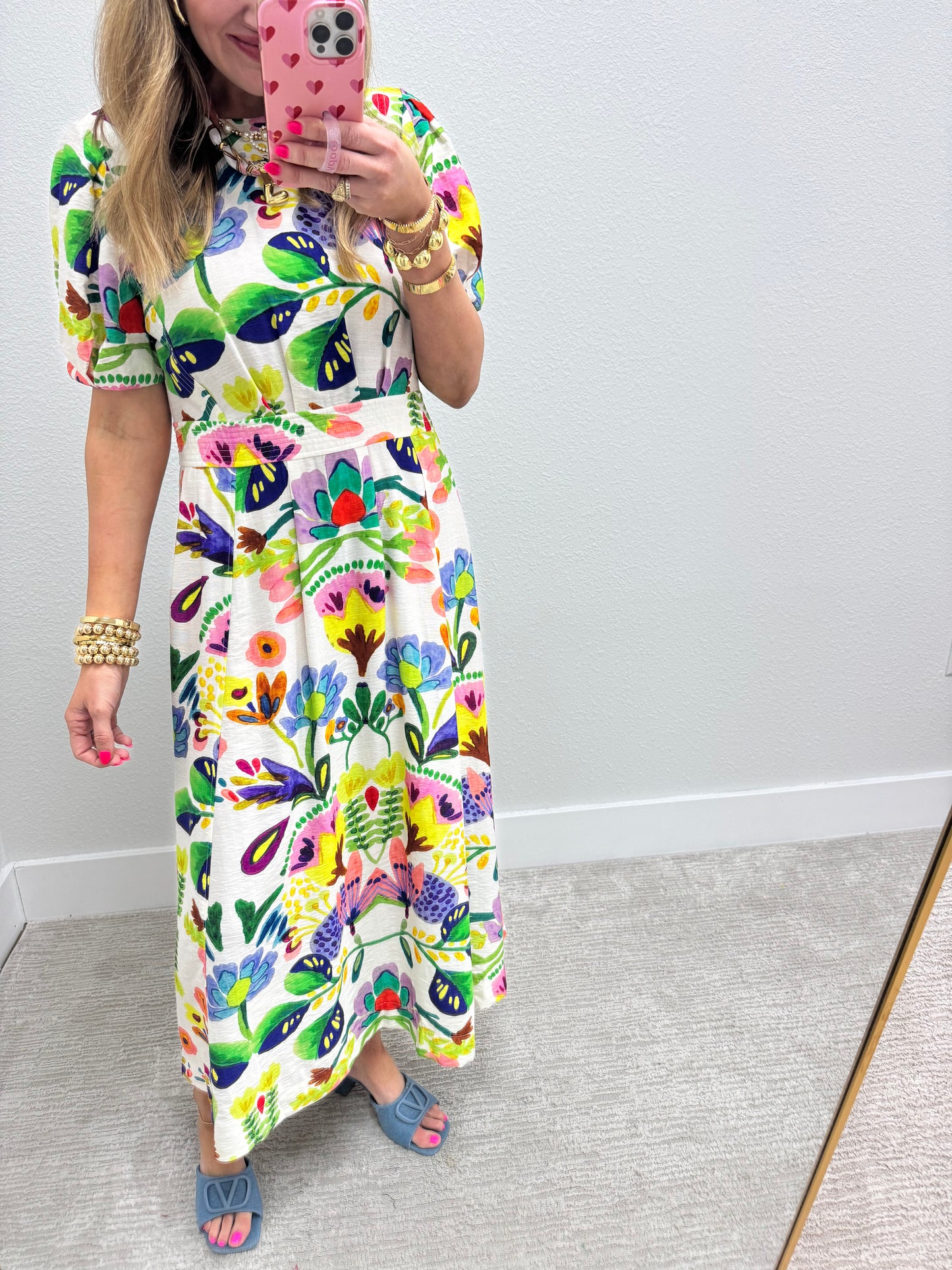 Cream Printed Round Neck Middy Dress