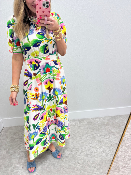 Cream Printed Round Neck Middy Dress