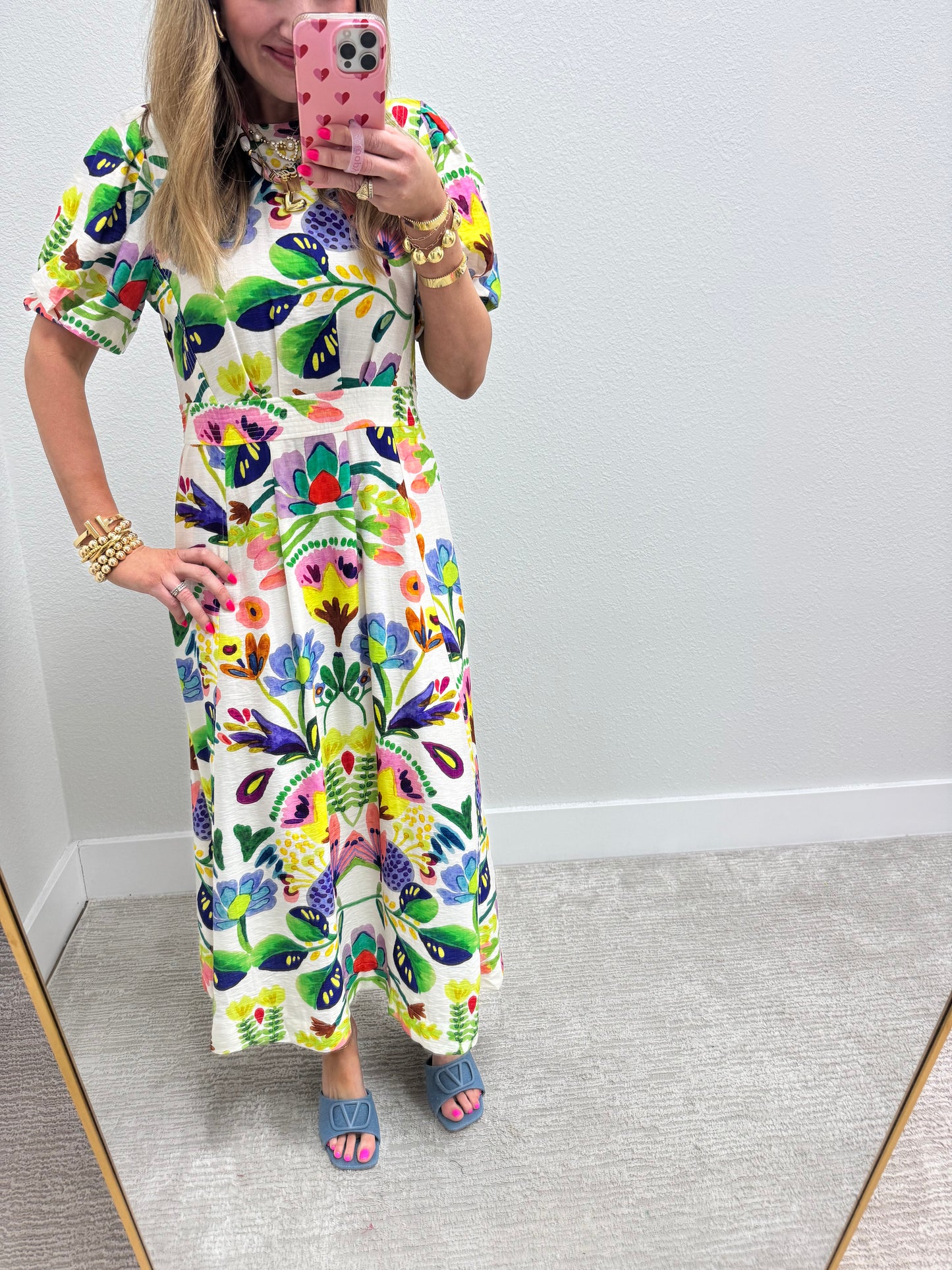 Cream Printed Round Neck Middy Dress