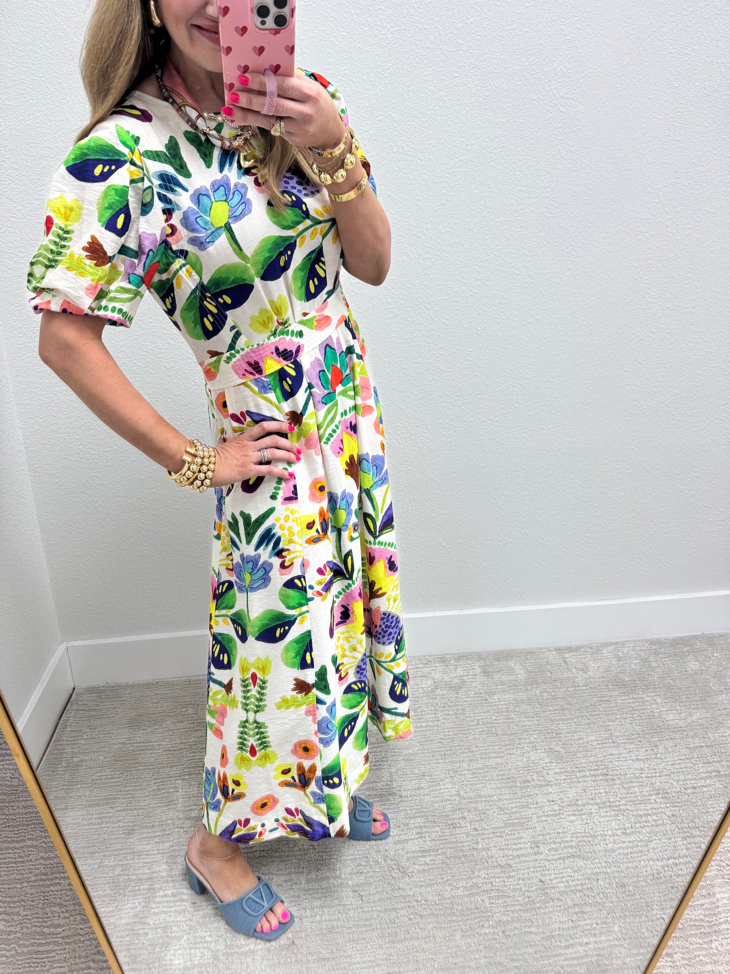 Cream Printed Round Neck Middy Dress