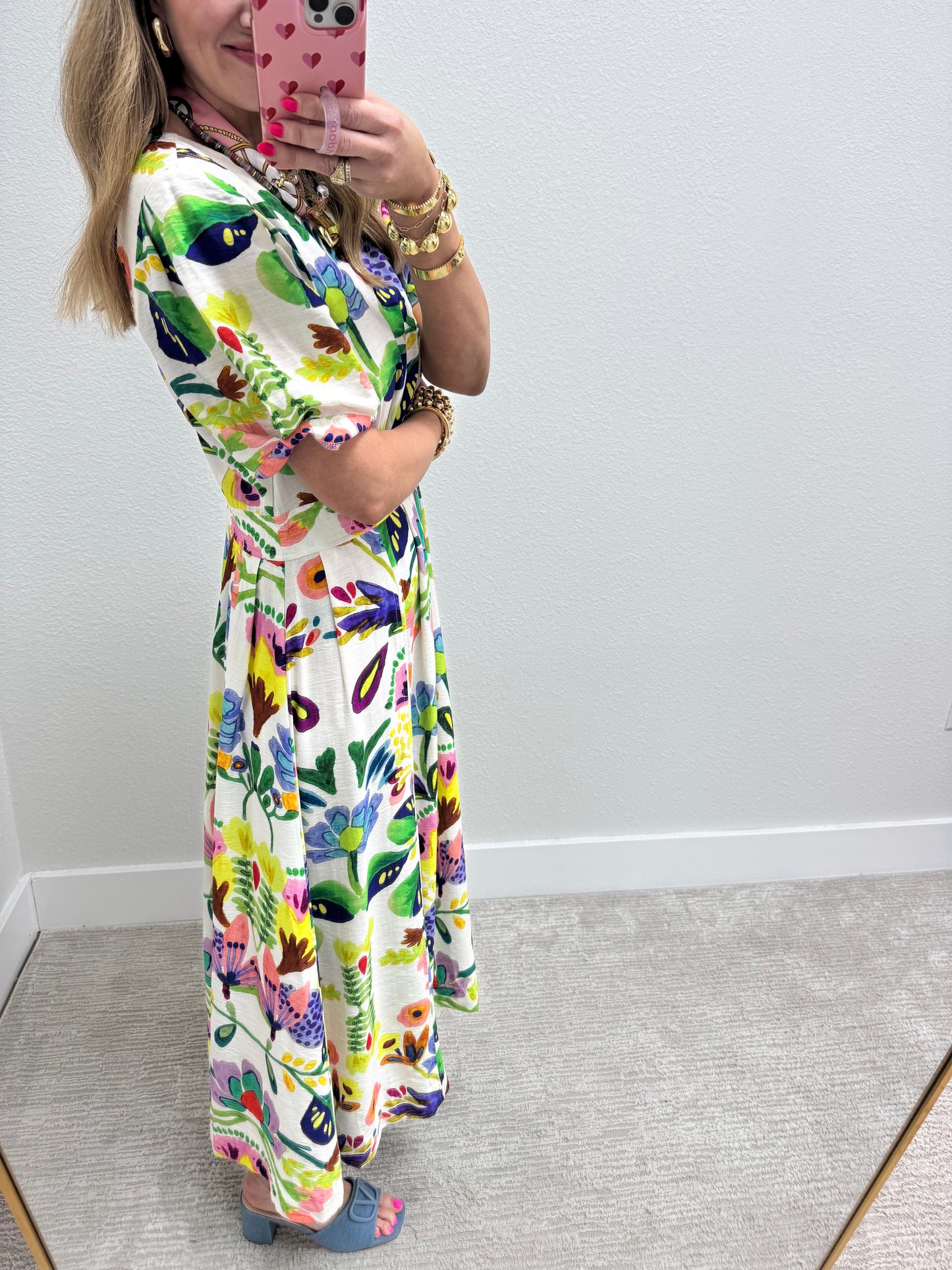 Cream Printed Round Neck Middy Dress