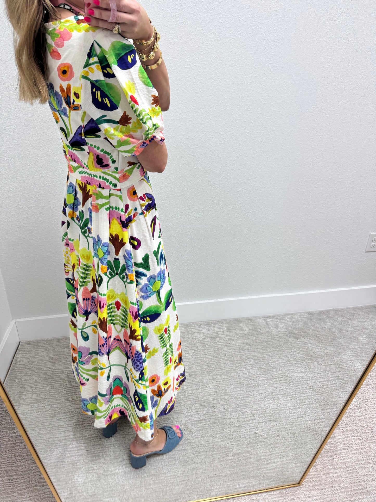 Cream Printed Round Neck Middy Dress