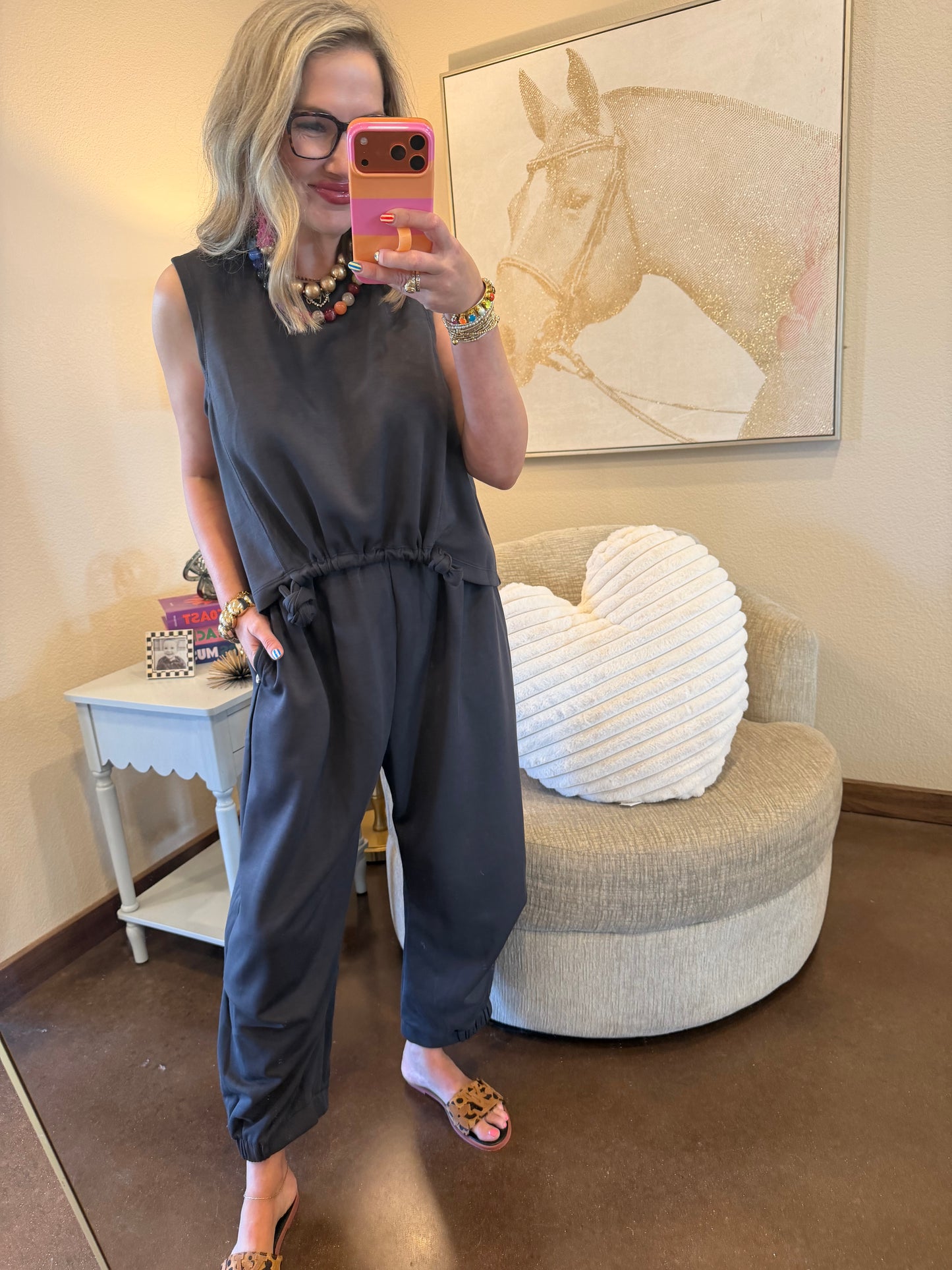 Charcoal Scuba Cinch Tie Top and Pants Set