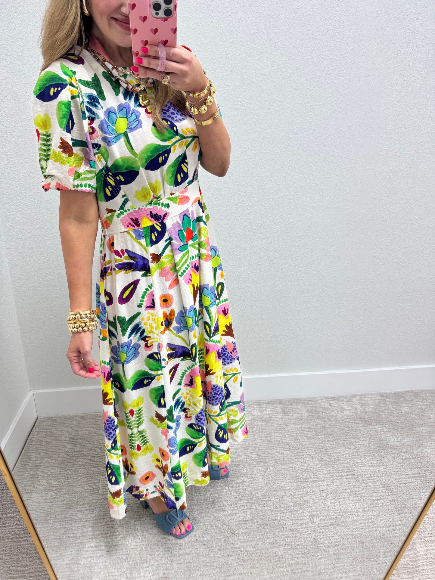 Cream Printed Round Neck Middy Dress