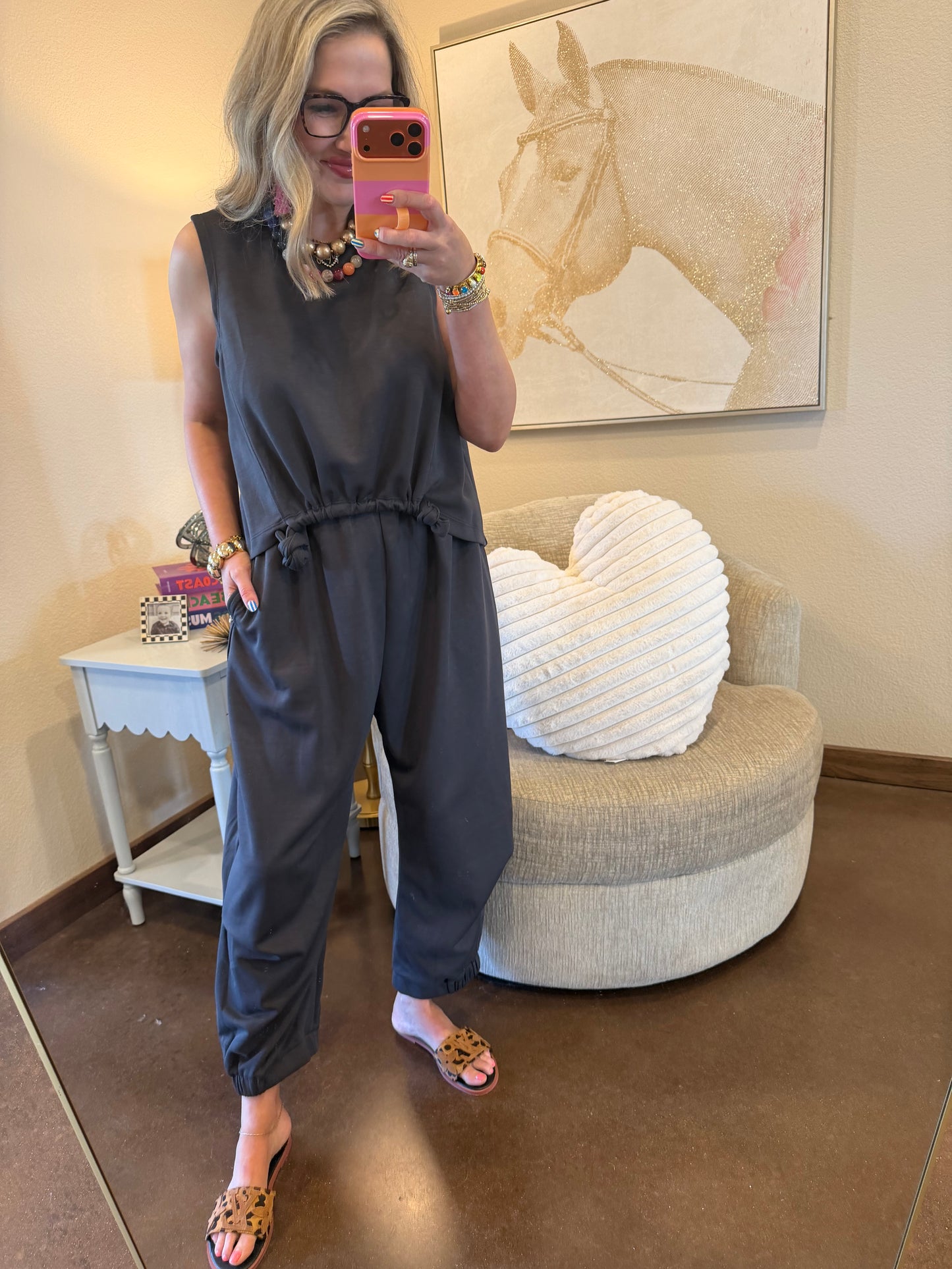 Charcoal Scuba Cinch Tie Top and Pants Set