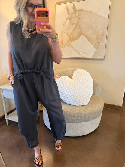 Charcoal Scuba Cinch Tie Top and Pants Set