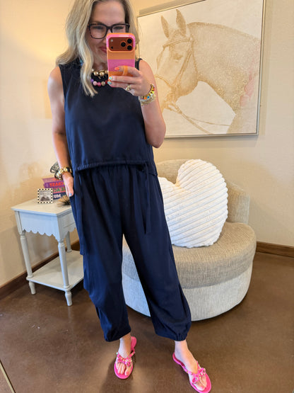 Navy Scuba Cinch Tie Top and Pants Set