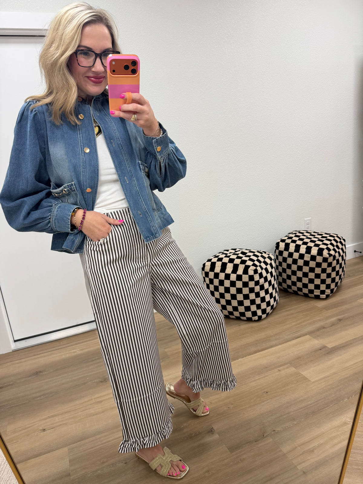 Brown Ruffle Hem Accent Stripe Casual Pants