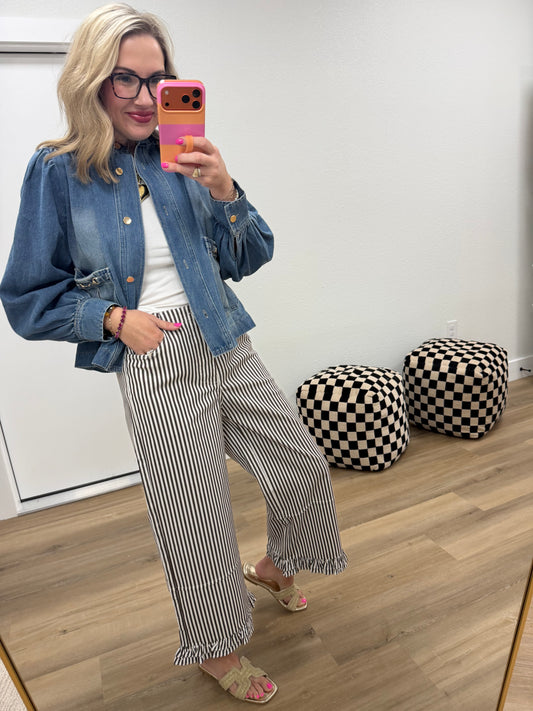 Brown Ruffle Hem Accent Stripe Casual Pants
