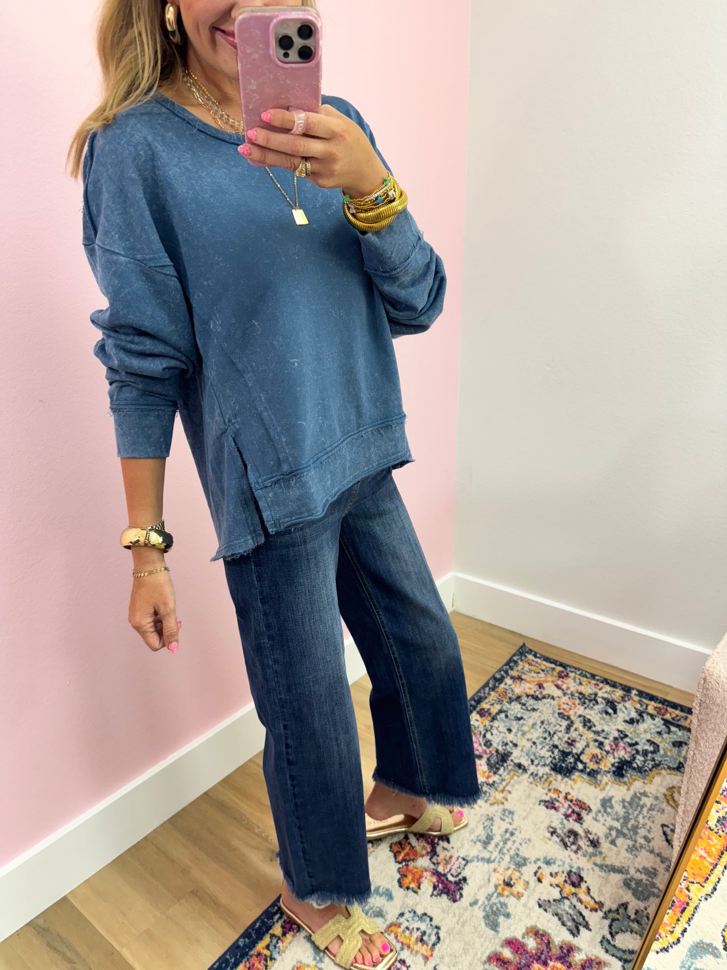 Blue Washed Long Sleeve Top