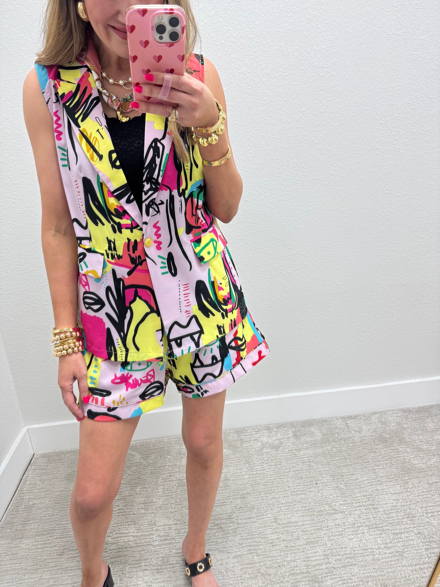Purple Printed Two Piece Blazer Short Set