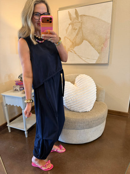 Navy Scuba Cinch Tie Top and Pants Set