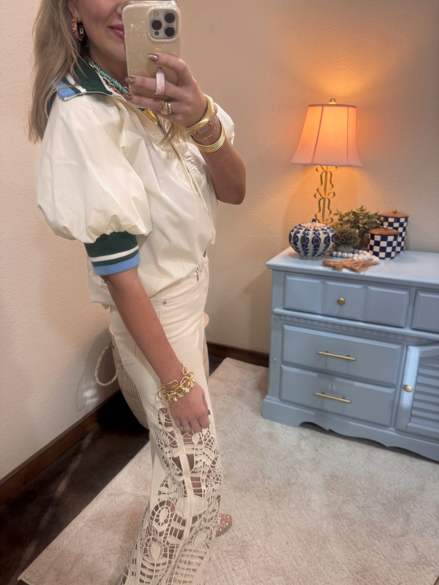 Cream Colored Collar 1/2 Zip Puff Sleeve Top