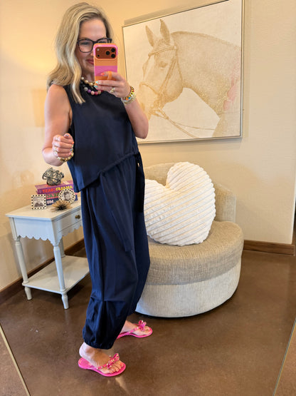 Navy Scuba Cinch Tie Top and Pants Set