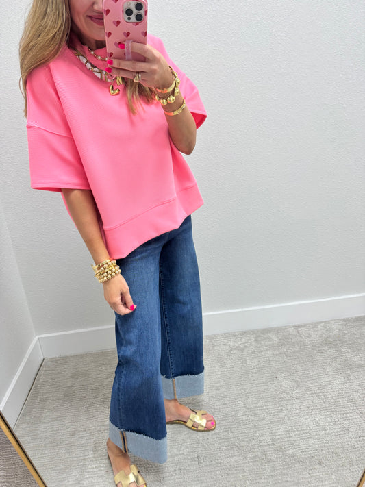 Bright Pink Ribbed Band Bottom Half Sleeve Top