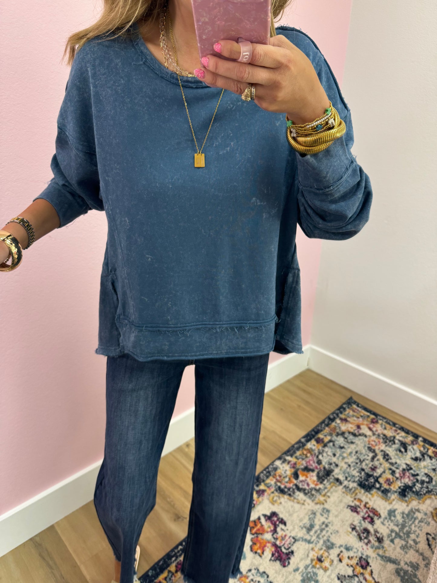 Blue Washed Long Sleeve Top