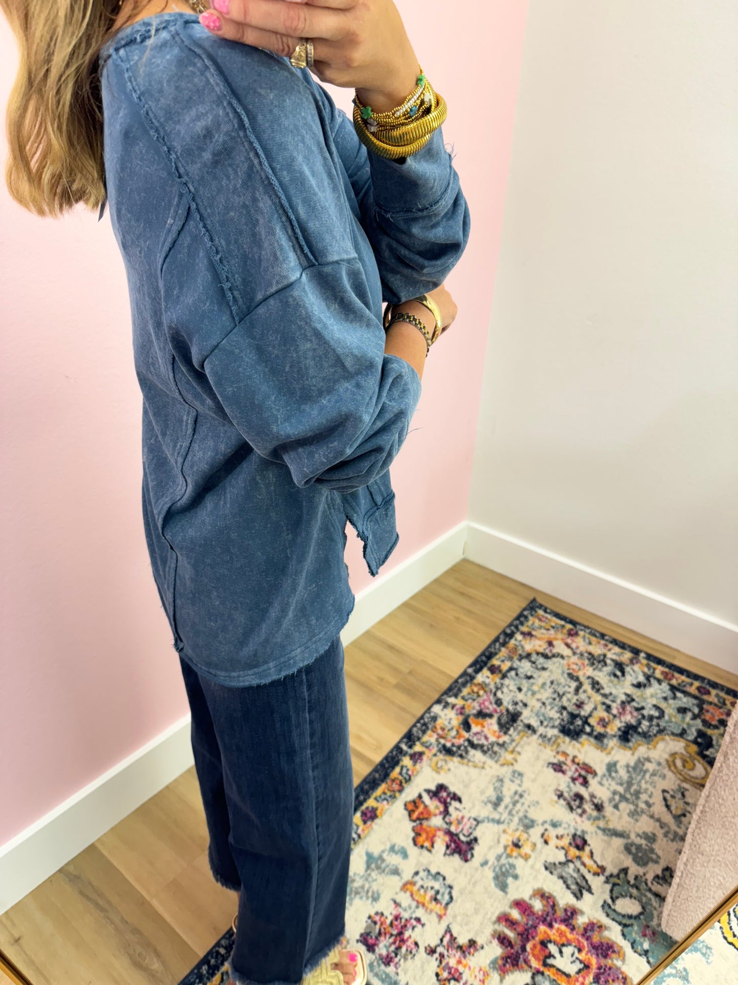 Blue Washed Long Sleeve Top