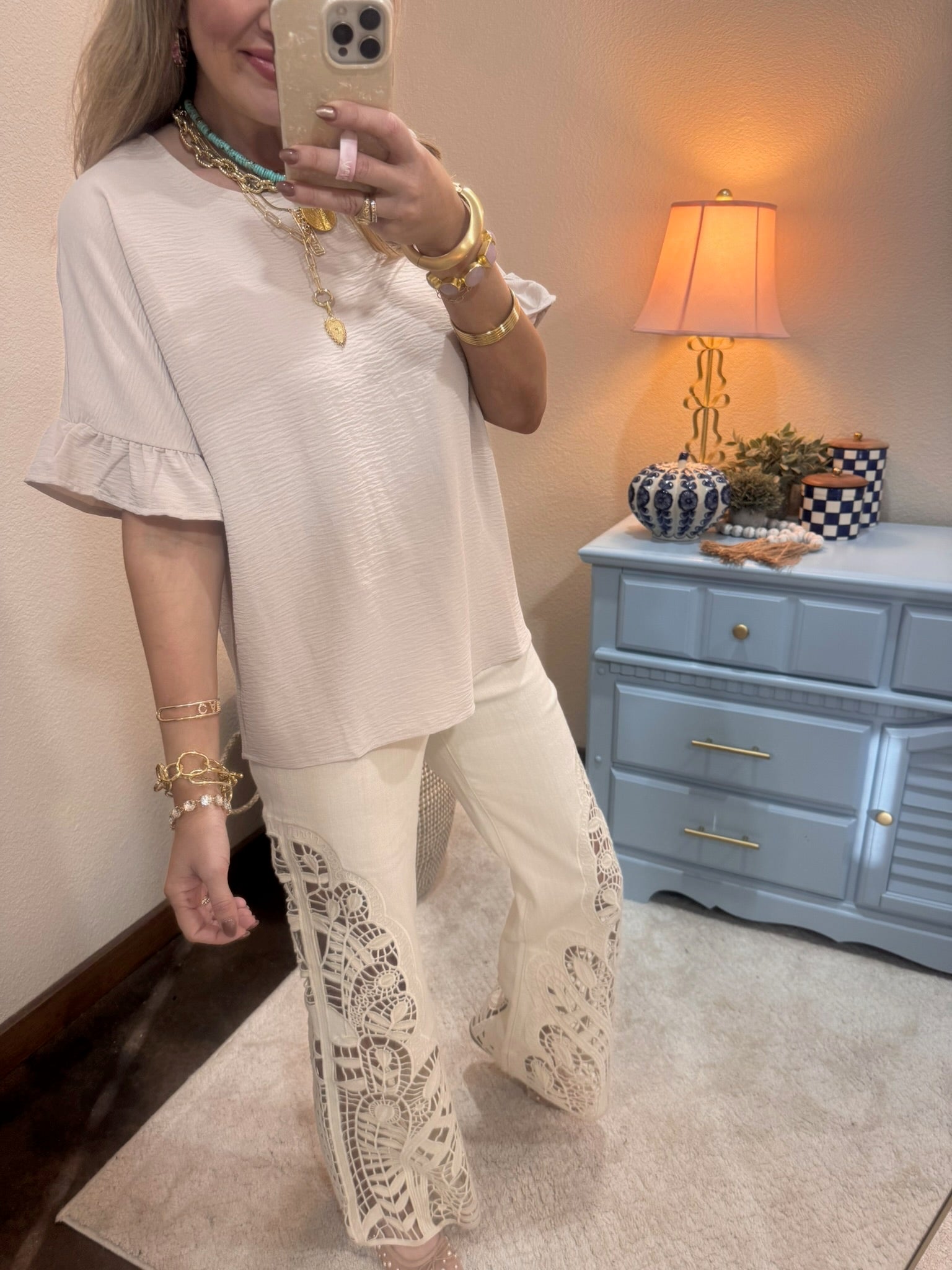 Sand Beige Round Neck Ruffle Sleeve Top