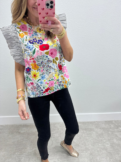 Floral Pin Stripe Ruffle Sleeve Shirt- White