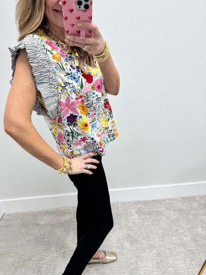 Floral Pin Stripe Ruffle Sleeve Shirt- White