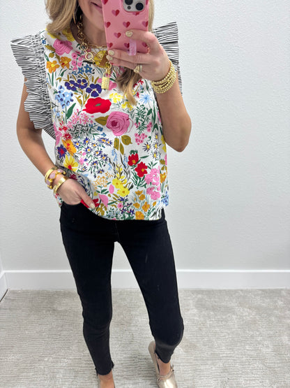 Floral Pin Stripe Ruffle Sleeve Shirt- White