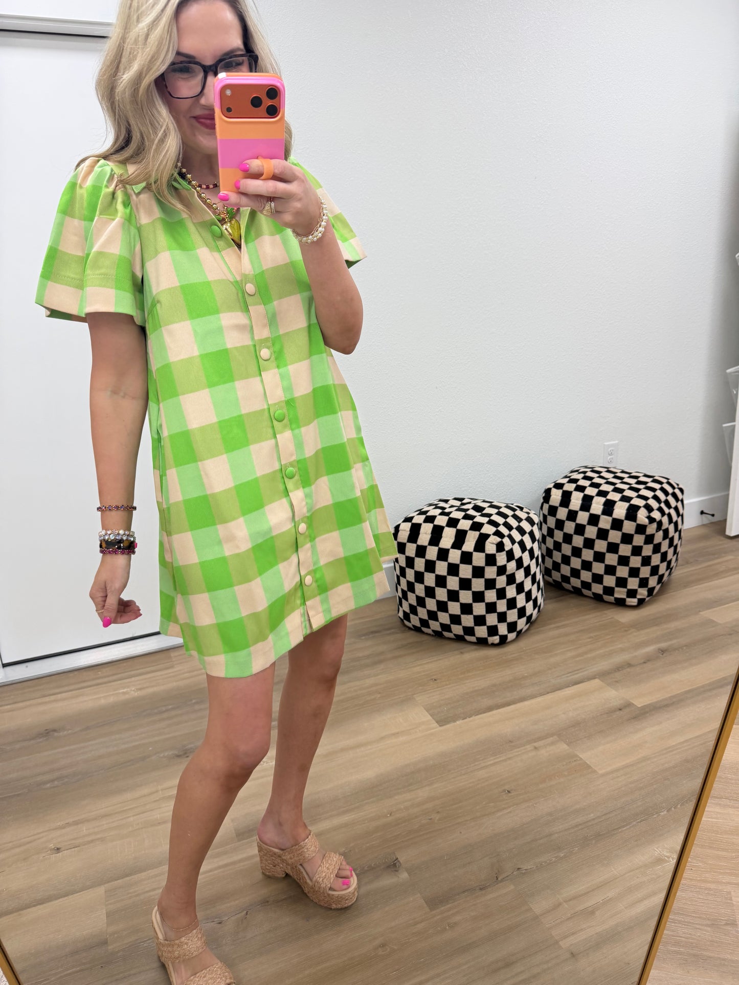 Lime Checkered Dress With Collar